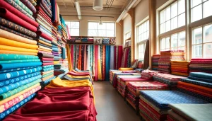 Bestel stoffen online in een kleurrijke stoffenwinkel met diverse materialen.