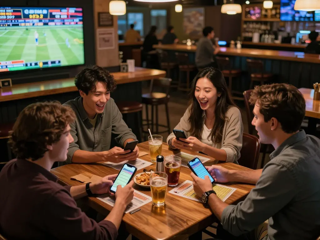 Patrons enjoying sports betting at a lively bar while using https://tr88watch.com/ for live odds.