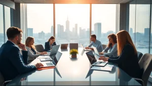 Business professionals discussing luxembourg holding strategies in a modern office setting.