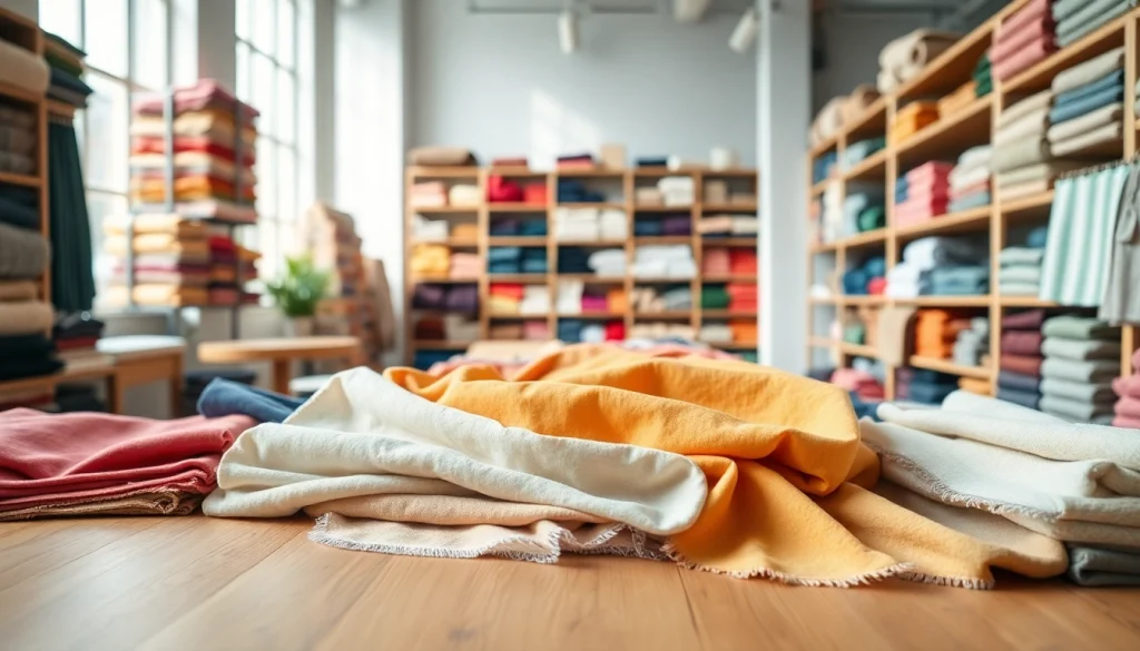 Katoen stoffen assortiment in een stijlvolle showroom met kleurrijke stalen en patronen.