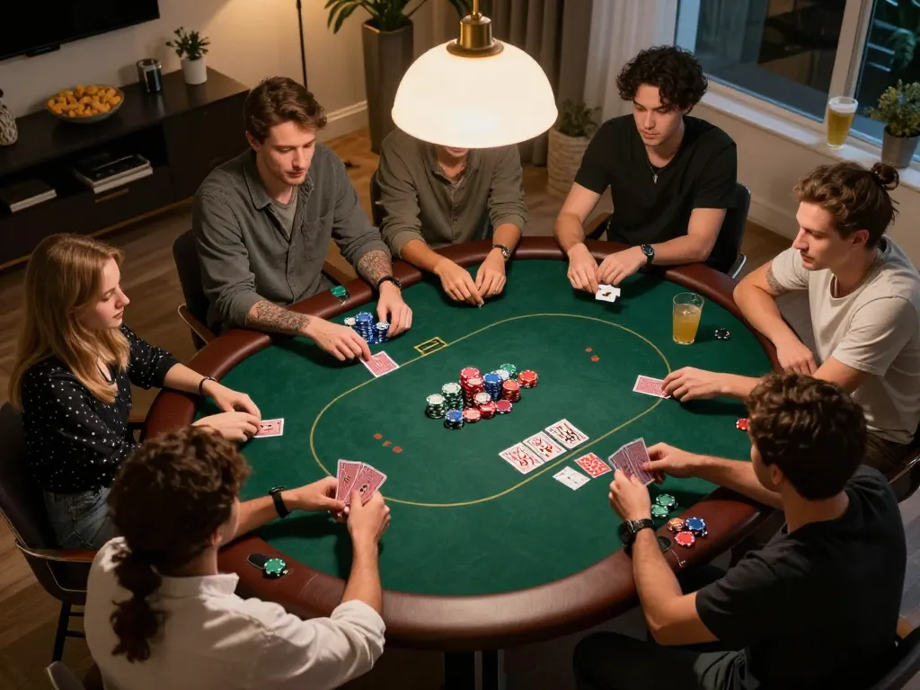 Engaged friends enjoying poker night at the best widget store, showcasing chips and cards in action.