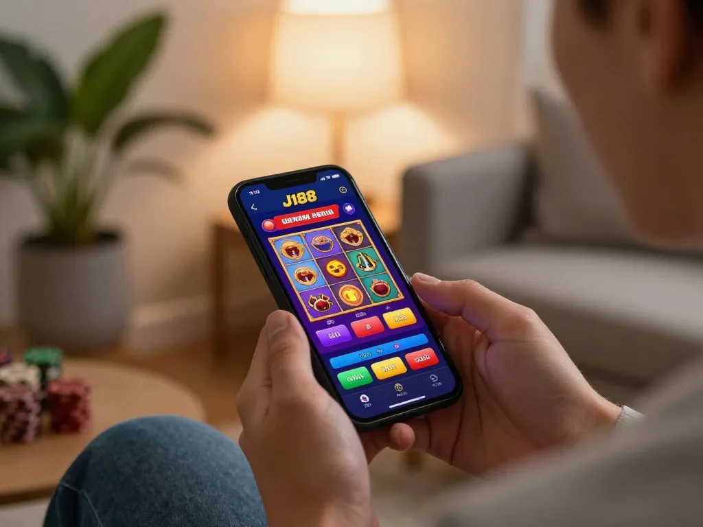 Engaging in mobile gaming on j188 app showcasing vibrant slot games, cozy living room setting.