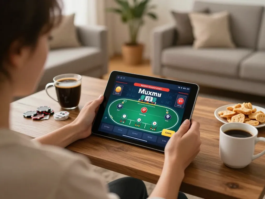 J188 user enjoying online gambling strategy with a tablet in a cozy home setting.