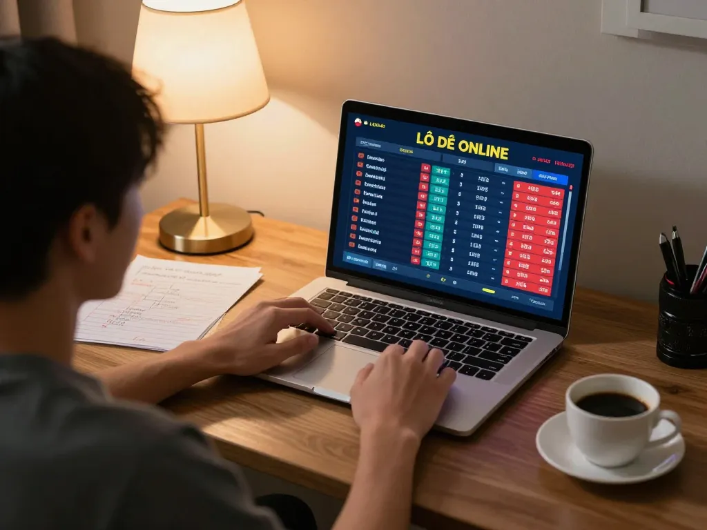Lô đề online gaming session on laptop with strategic notes and cozy ambiance