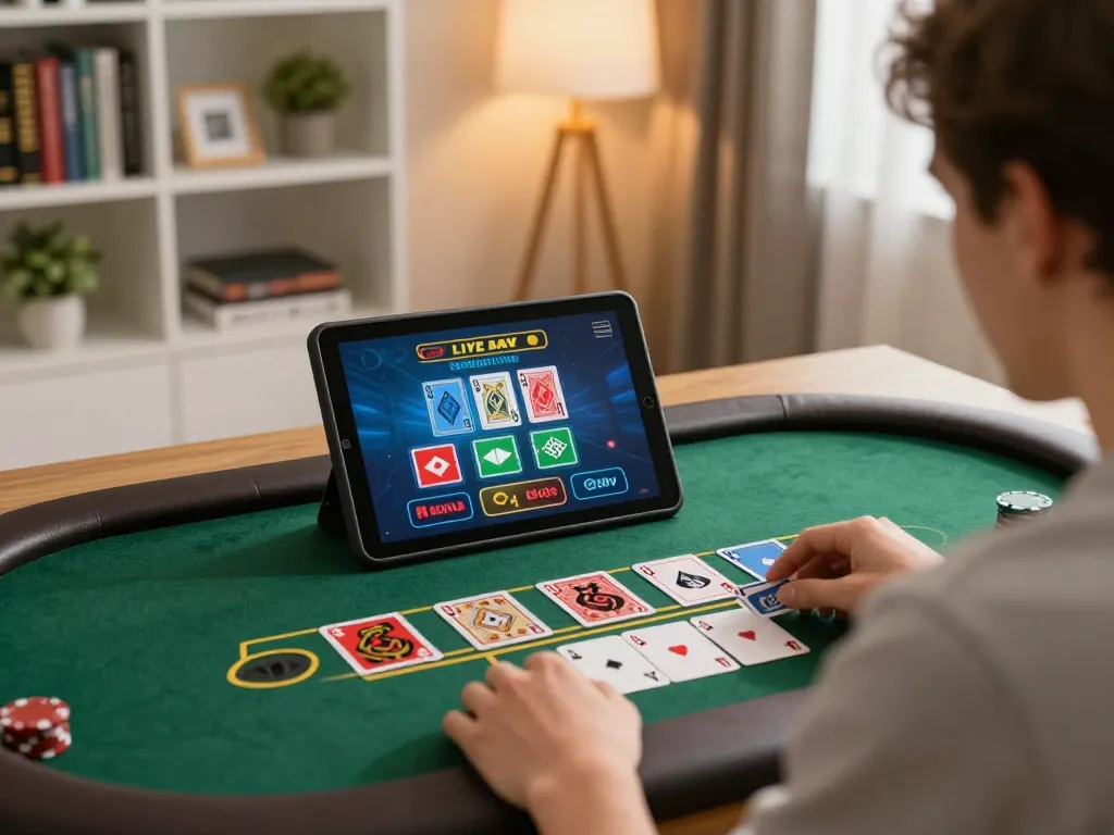 Engaging in live dealer blackjack on 388bet tablet with stylish home office backdrop