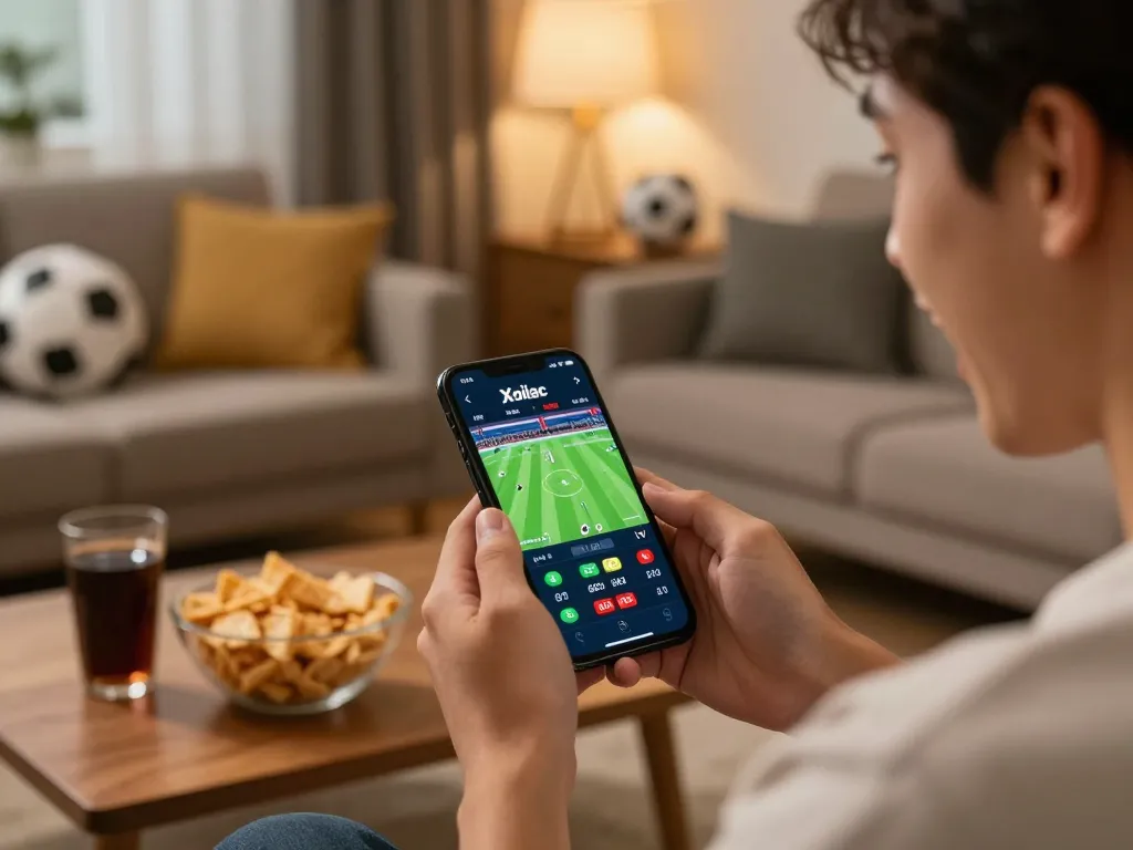 Xoilac user enjoying live sports betting on smartphone with real-time updates.