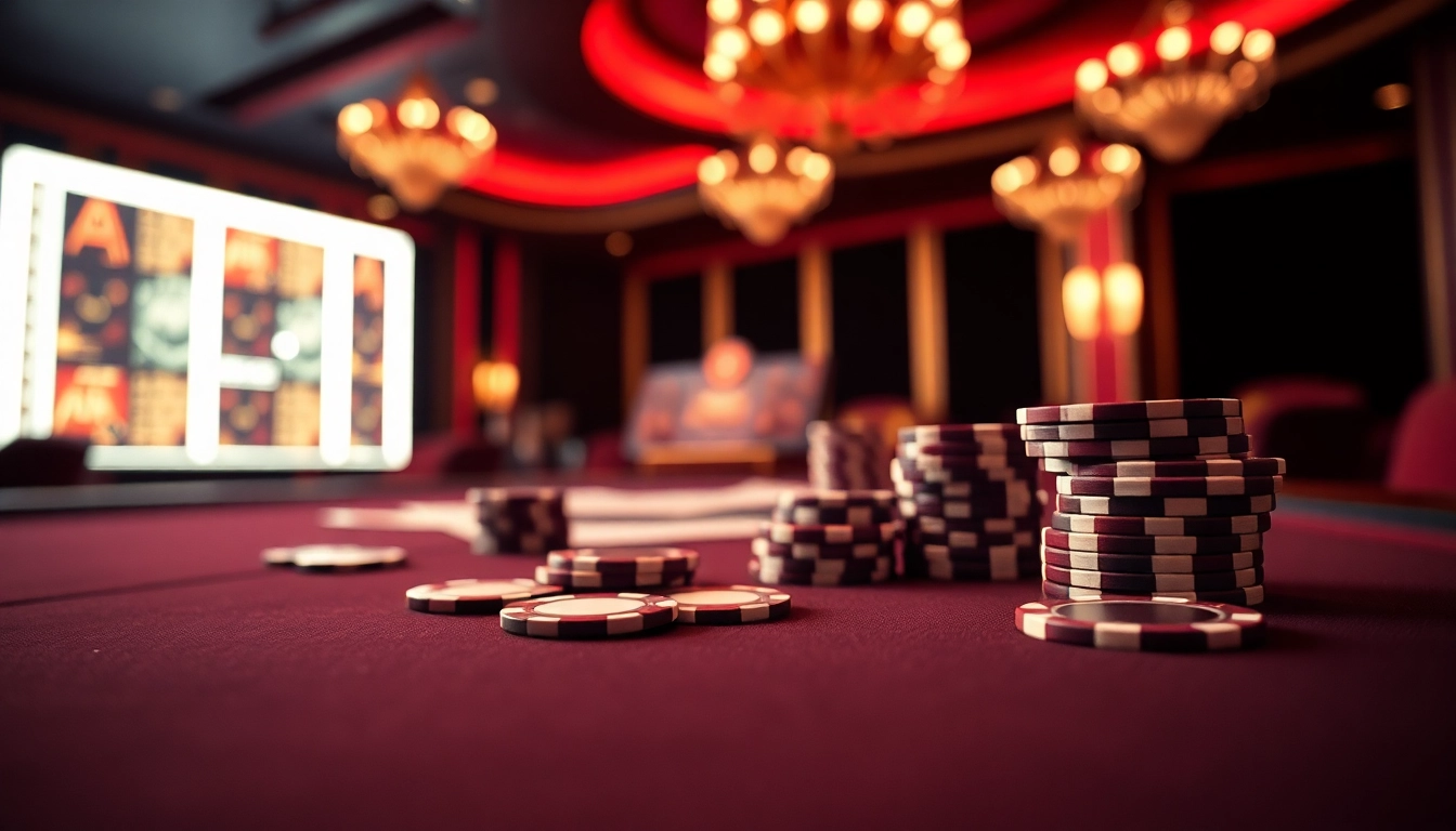 Menang di meja kasino bbni4d dengan tumpukan chip berkilauan dan kartu menarik.