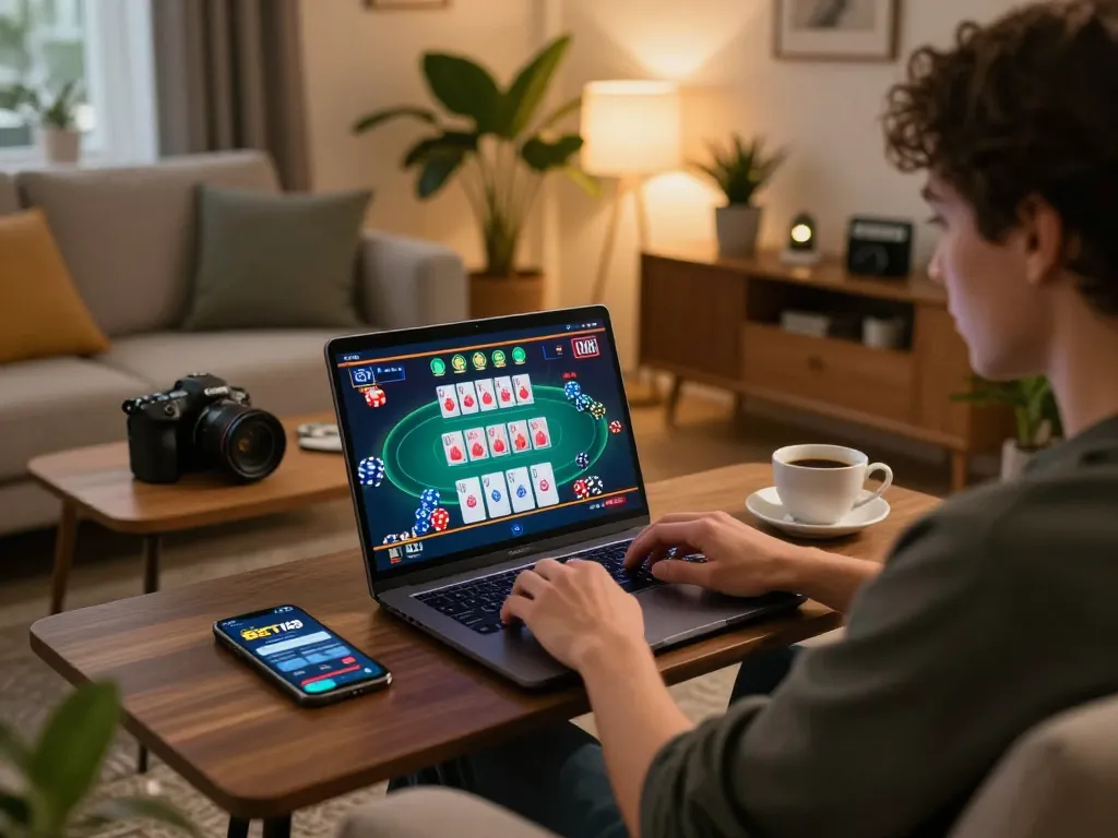 Player enjoying a BET168 online casino game on a cozy couch, showcasing strategic gameplay.