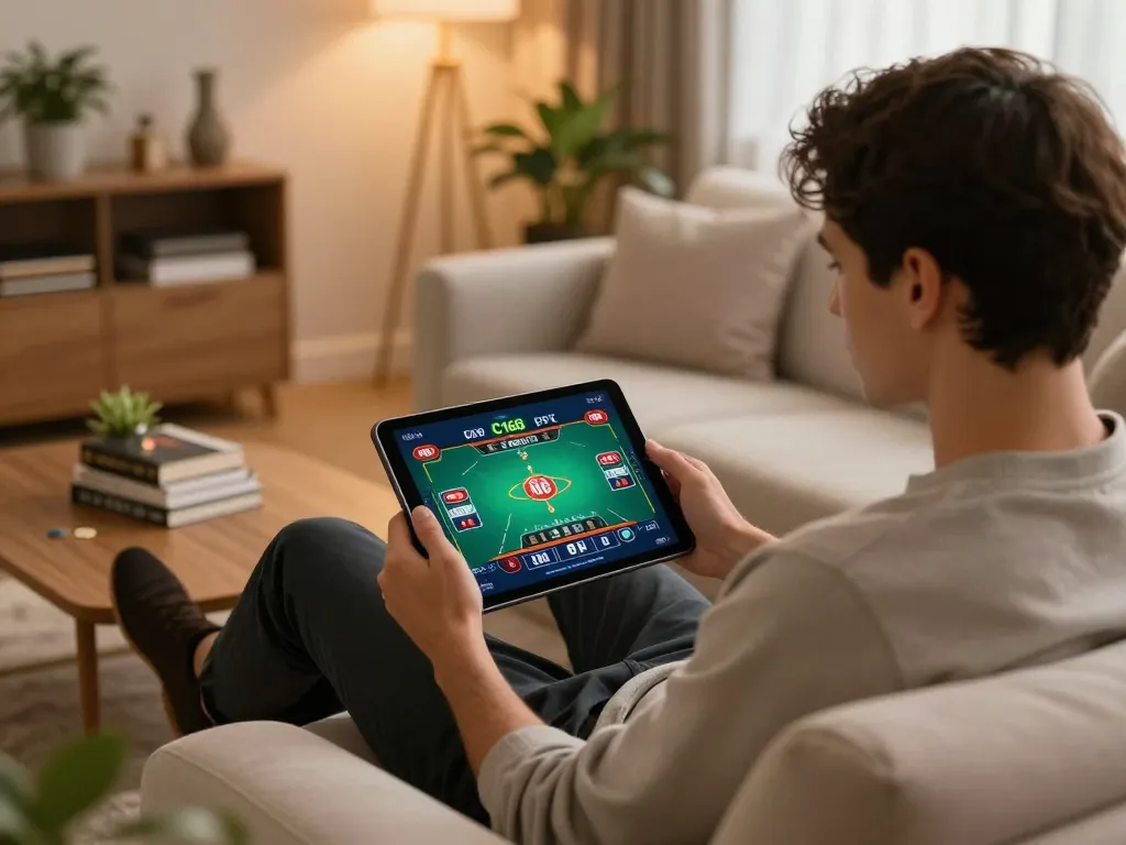 C168 player engaging in online casino gameplay on a tablet from a cozy home setting.