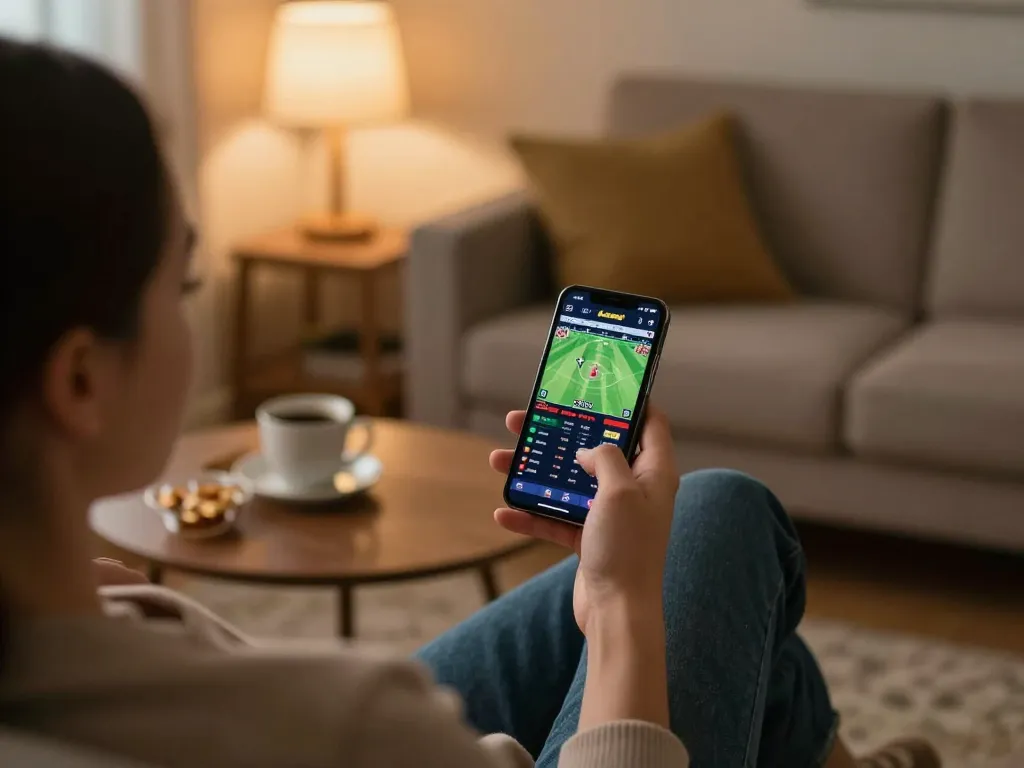 KQBD mobile betting interface showcasing real-time sports scores and live odds in a cozy home setting