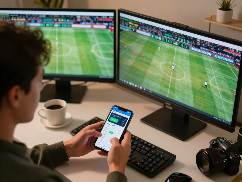 Betting on FB88 using a smartphone in a stylish workspace, showcasing live sports odds.