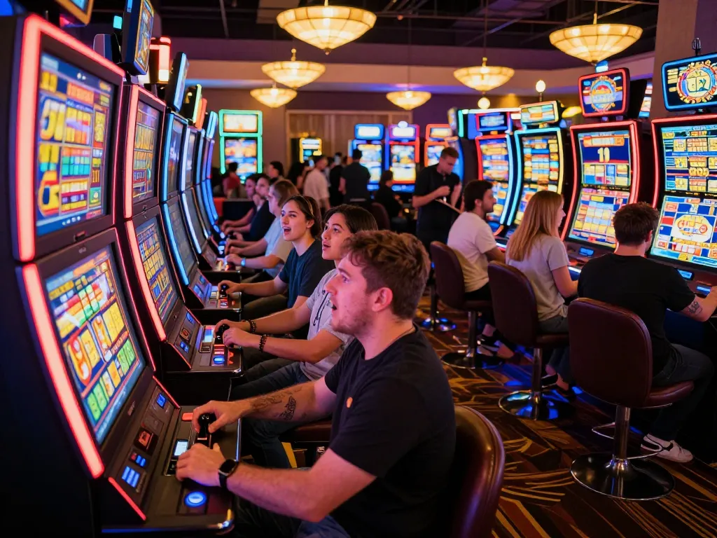 Players enjoying exciting slot jepang machines in a vibrant casino atmosphere, showcasing thrill and engagement.