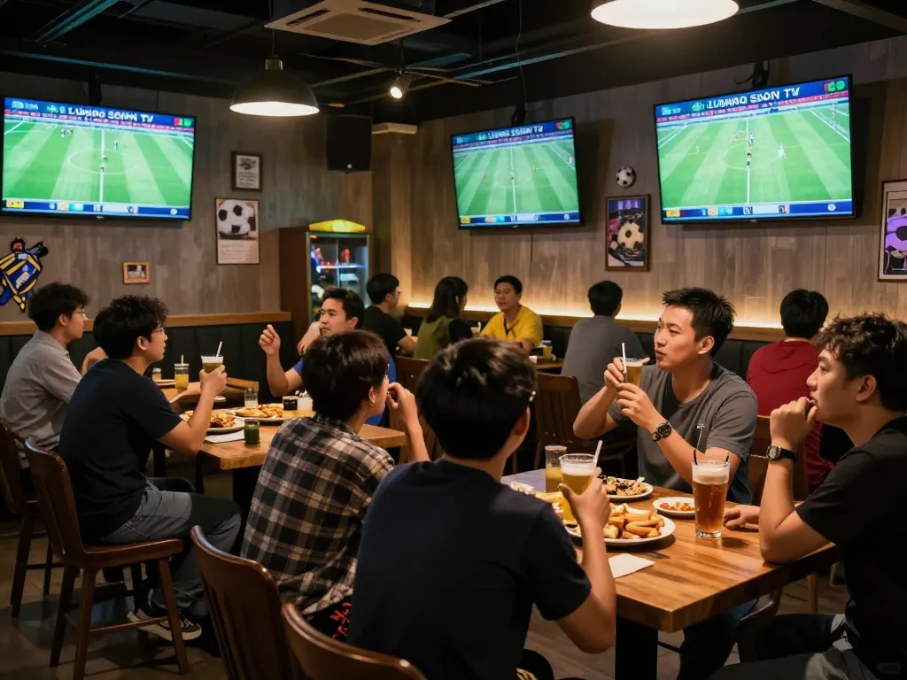 Fans enjoying live football matches on Lương Sơn TV at a sports bar, capturing the excitement and engagement.