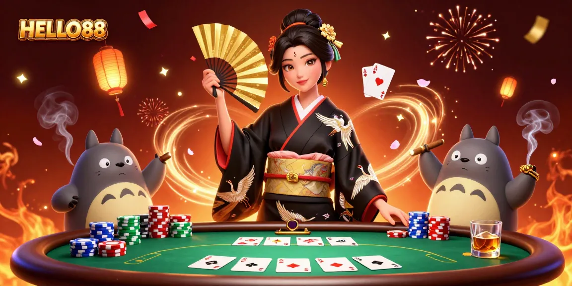 Experience the thrill of HELLO88 with vibrant gaming action featuring cards, chips, and more.