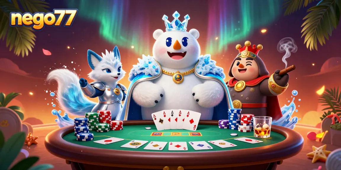 Engage with the thrilling atmosphere at nego77, where the ice king and fox battle for poker supremacy amidst colorful chips and cards.