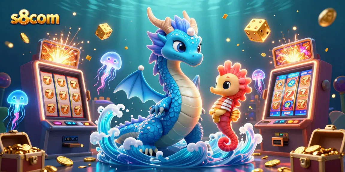 Engage in thrilling gameplay at s8com with a vibrant 3D scene featuring a dragon and slot machine action.