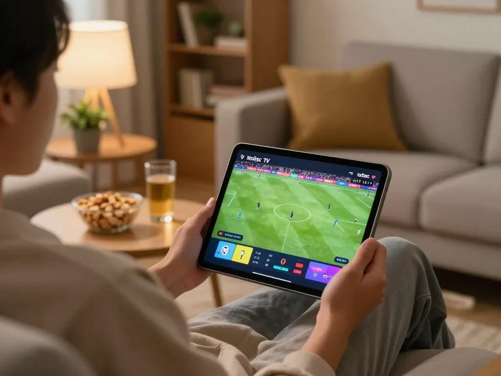 Xoilac TV streaming soccer match on a tablet in a cozy home environment.