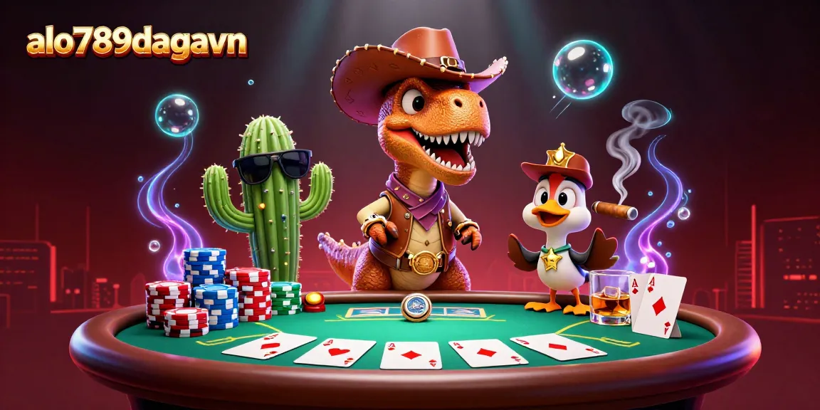 In a vibrant scene, the 3D dinosaur cowboy and friends play poker, showcasing the thrills of alo789dagavn online gaming.