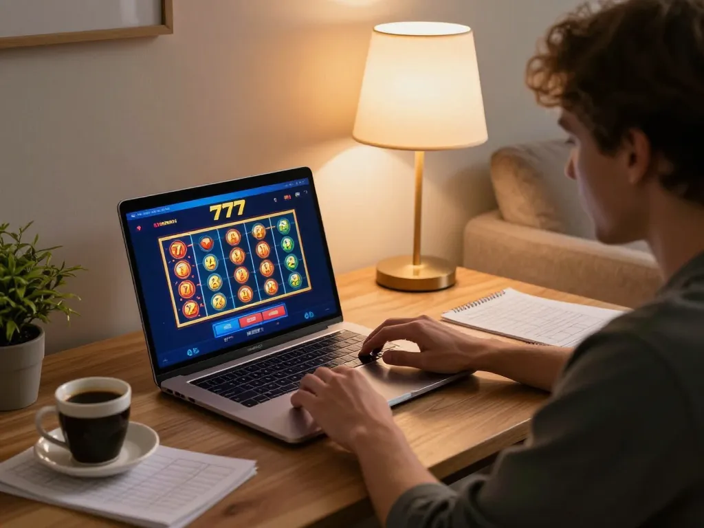 Engaging with the slot77 online gaming platform from a cozy home setup.