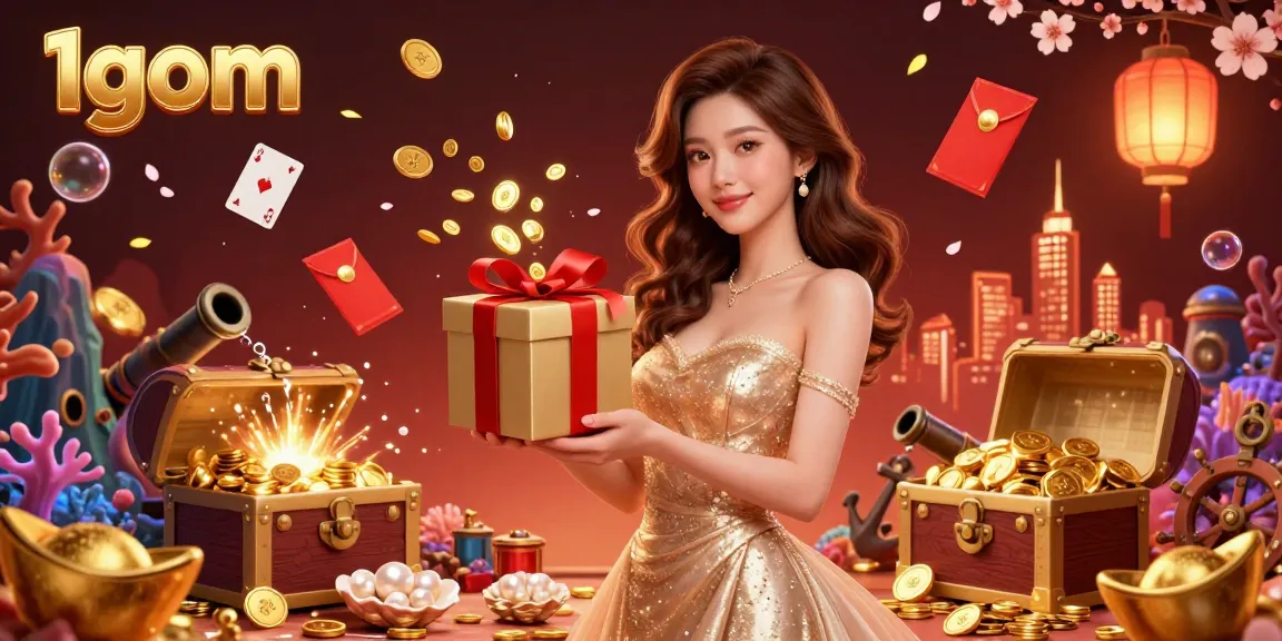Experience 1gom's casino excitement with stunning visuals featuring coins and festive decorations.