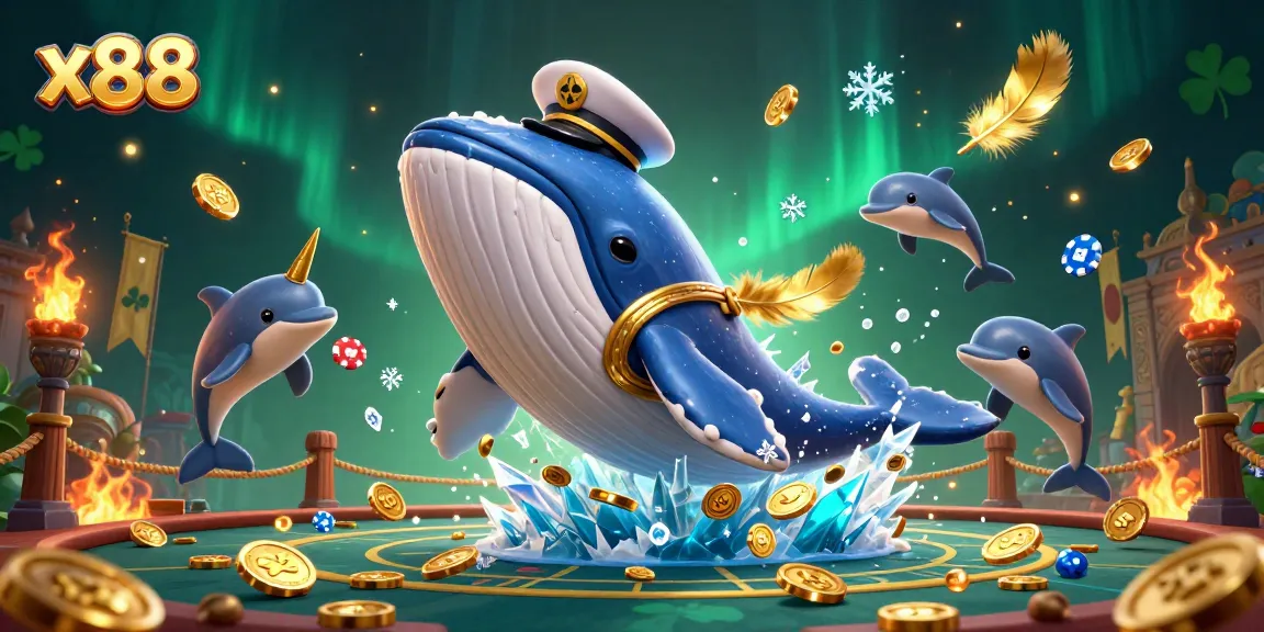 X88 offers epic casino adventures with a 3D whale, poker-dancing dolphins, and a golden narwhal amidst coins and games.