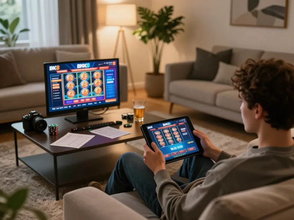 Engaged gamer using BK8 app on tablet to play casino games in a cozy living room.