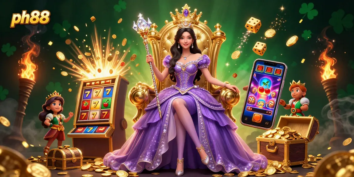 Experience the excitement of ph88 as a regal lady celebrates with a burst of casino games and golden coins.