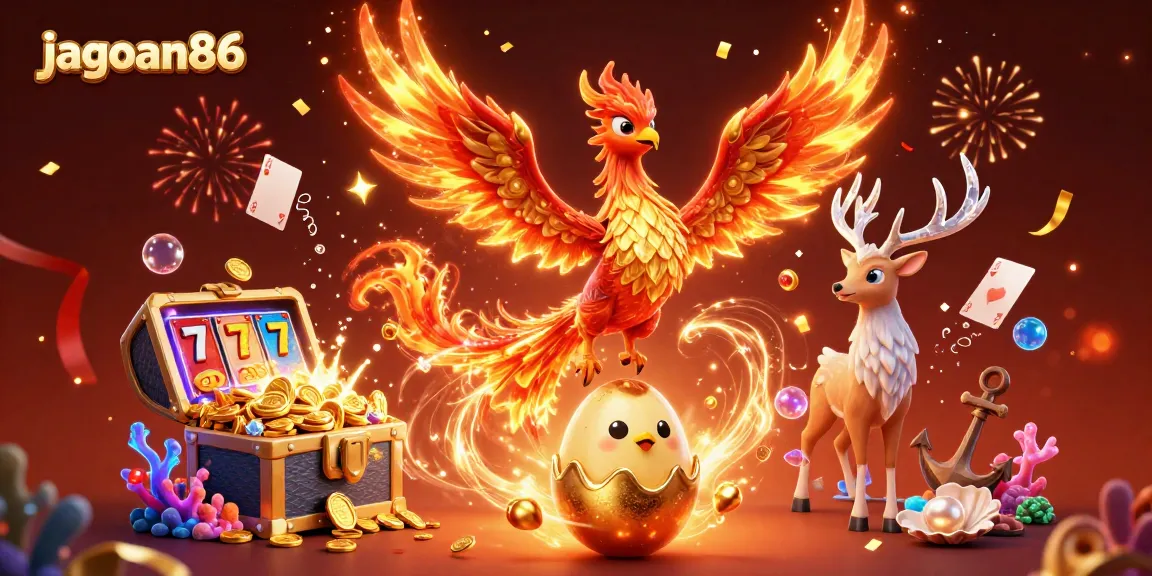 Engage with thrilling gaming moments at jagoan86 featuring slot reels, a phoenix, and treasures.
