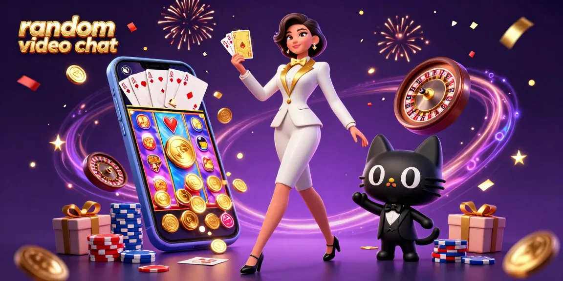 Engage in random video chat with dynamic casino-themed elements featuring a glamorous woman and playful cat.