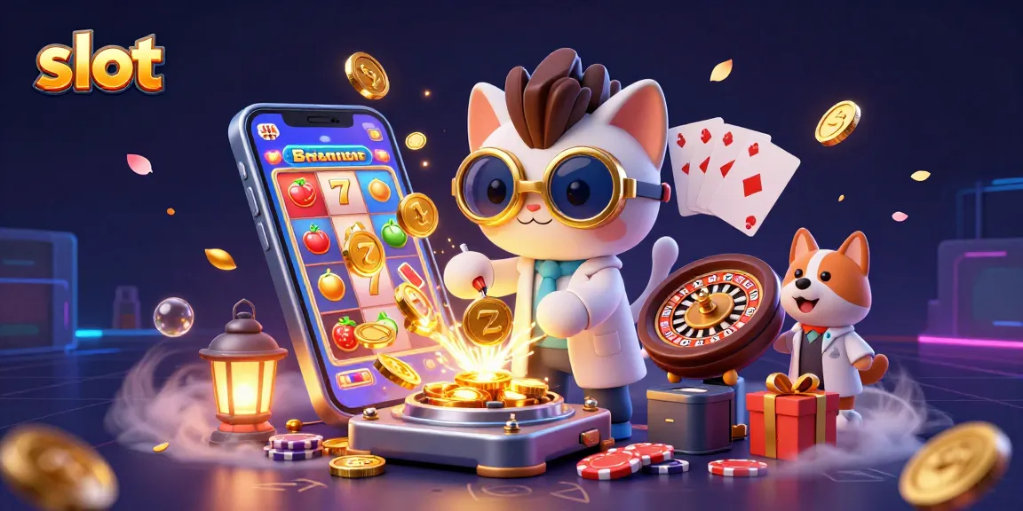 Menggulung slot dengan simbol keberuntungan dan koin emas, digambarkan oleh karakter kucing ilmuwan konyol dan anjing setia.