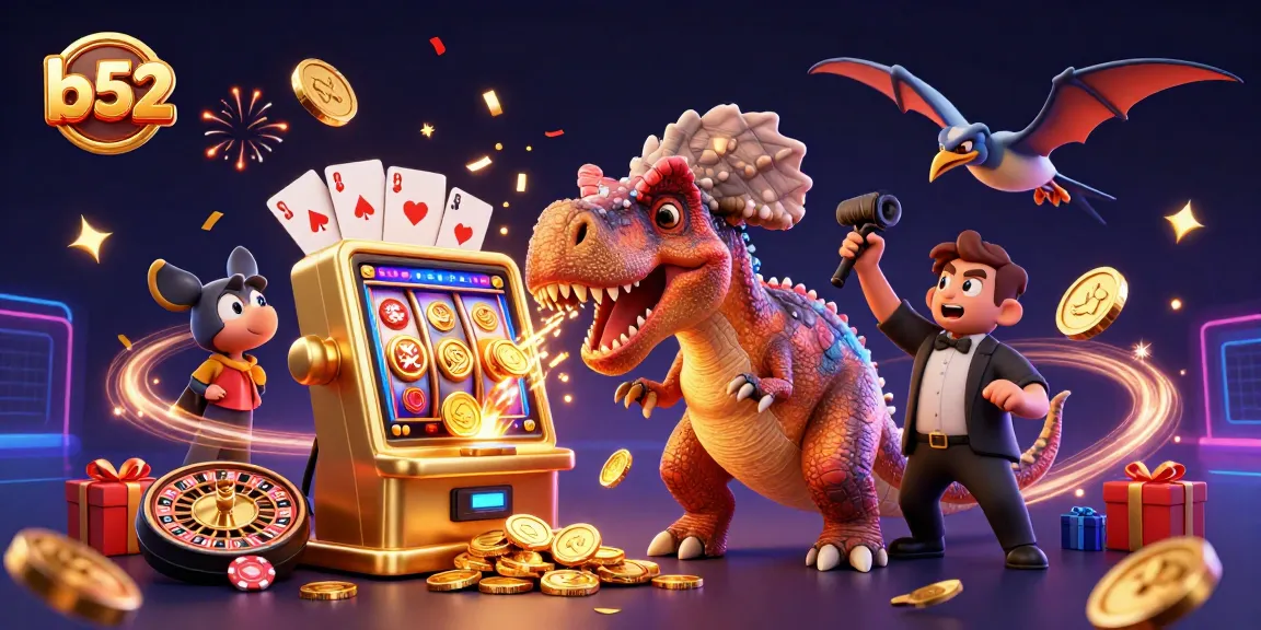 Experience big wins with the b 52 slot machine as a cartoon dinosaur celebrates jackpot payouts!