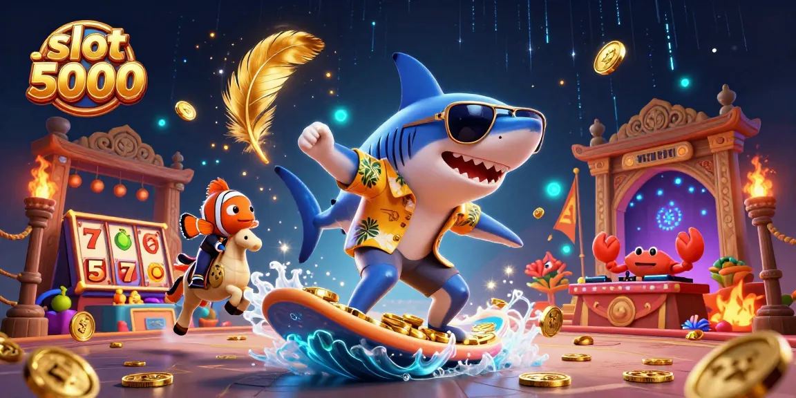 Experience slot 5000 gaming with a hammer-head shark, a tuxedo clownfish, and a DJ crab in a vibrant casino scene.