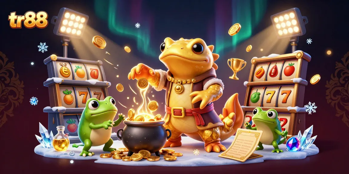 Experience thrilling slots at TR88 with a vibrant scene of golden alchemy and rich casino elements.