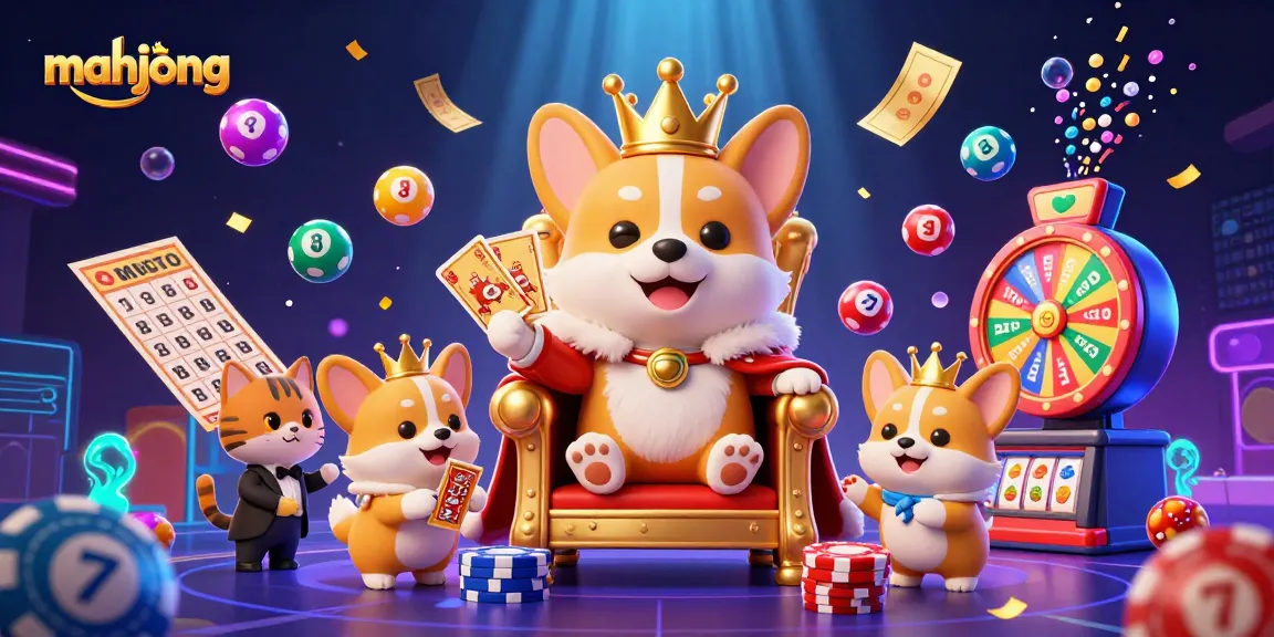 Engage in thrilling mahjong gameplay with a vibrant scene of corgis in a casino.