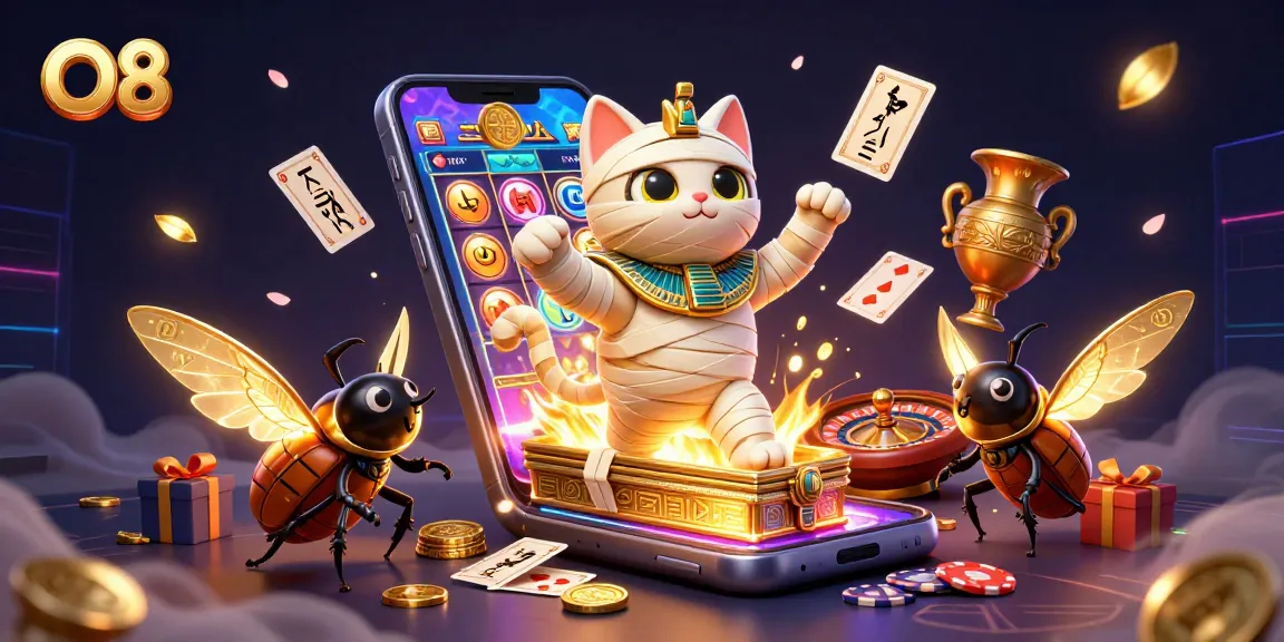 Immerse in the vibrant O8 casino experience with an Egyptian mummy cat and gaming elements.