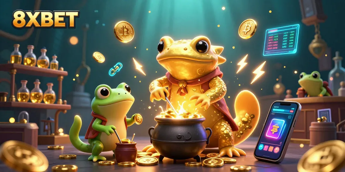 Experience thrilling gambling with 8XBET's vibrant scene of a golden alchemist and crypto elements
