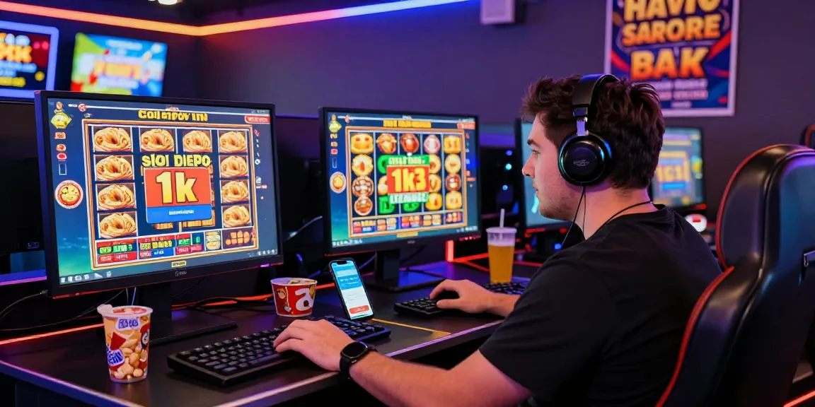 Exciting gambling scene with a player engaging with slot depo 1k games in a vibrant gaming setup.