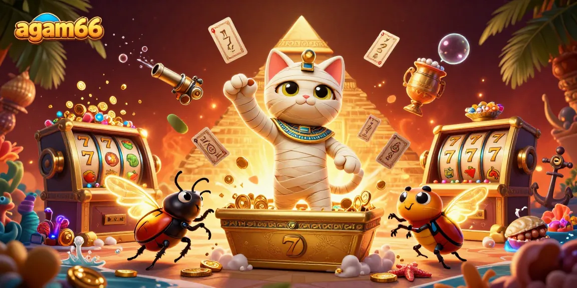 Experience the excitement of agam66 with a vivid 3D illustration featuring a mummy cat and treasures!