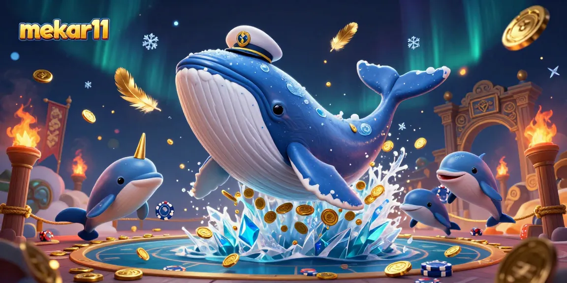 Mekar11 showcases a vibrant scene with a whale, narwhal, and dolphins amid coins while offering engaging casino gameplay.