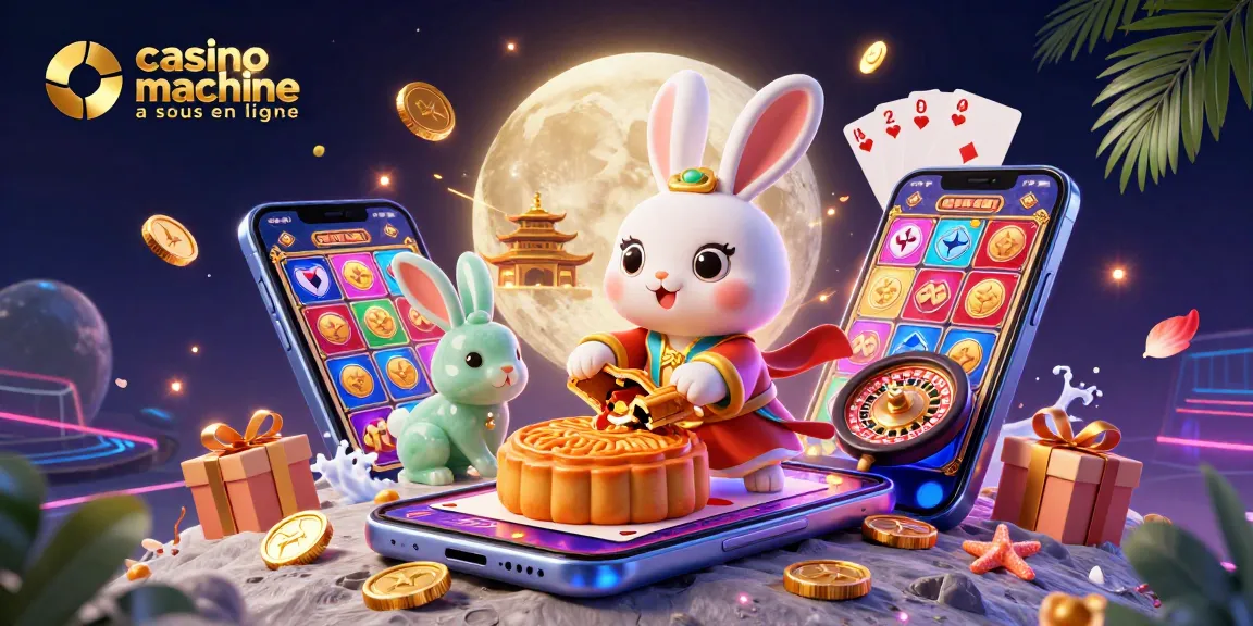 Jouer sur le casino de machine à sous en ligne avec une illustration dynamique d'un lapin de lune et des jeux de cartes.
