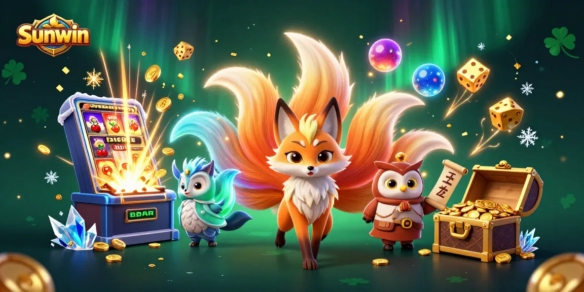 Win big with Sunwin in a vibrant fantasy casino scene featuring a nine-tailed fox and lucky charms.