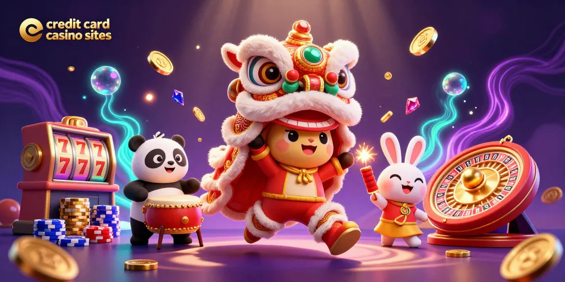 Cute characters celebrating in a lion dance at credit card casino sites with 3D slots, roulette wheel, and vibrant decorations.