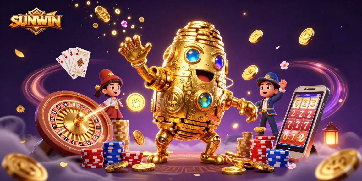 SUNWIN's vibrant casino scene with a golden golem, slot symbols, and spinning roulette wheel.