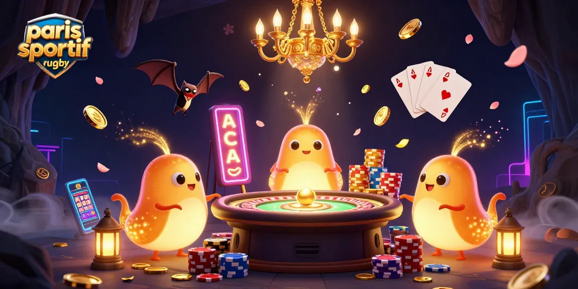 Placer des paris sportifs rugby dans un univers lumineux de casino vibrant avec des personnages animés.