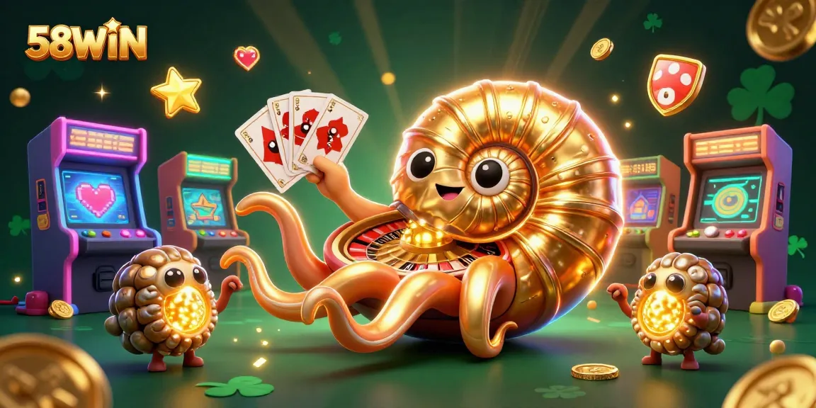 Win big with 58WIN while playing exciting games at this vibrant casino illustration.
