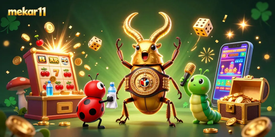 Engage in thrilling jackpot action with mekar11 featuring a charismatic beetle champion and slot machine excitement.