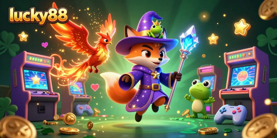Win big with lucky88 in this vibrant casino scene featuring a mystical wizard fox and a phoenix.