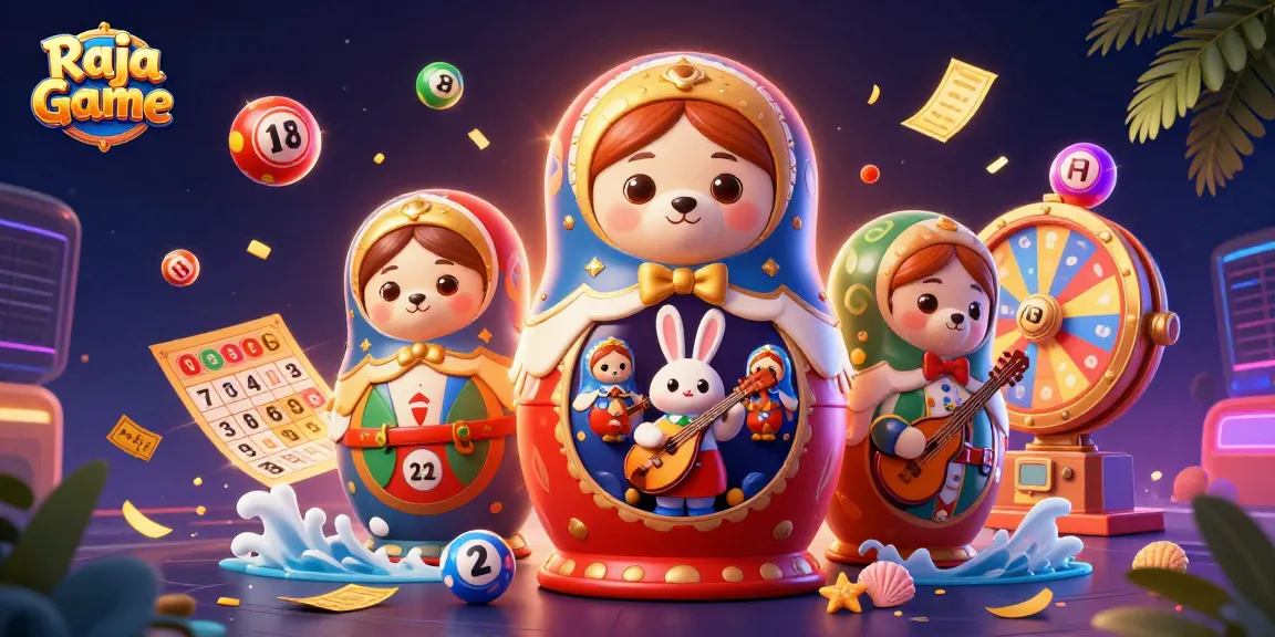 Engage in fun with Raja Game's lottery and casino games, featuring dynamic colorful elements and festive atmosphere.