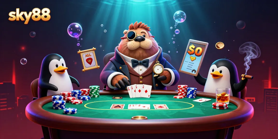 Engage with the world of sky88 as a jolly walrus enjoys poker at an underwater casino.