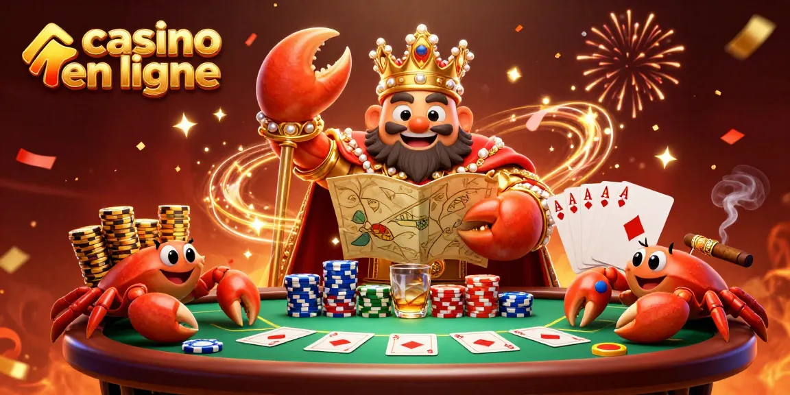 Jouer à un casino en ligne avec des personnages de crabe en or, des jetons et une ambiance festive.